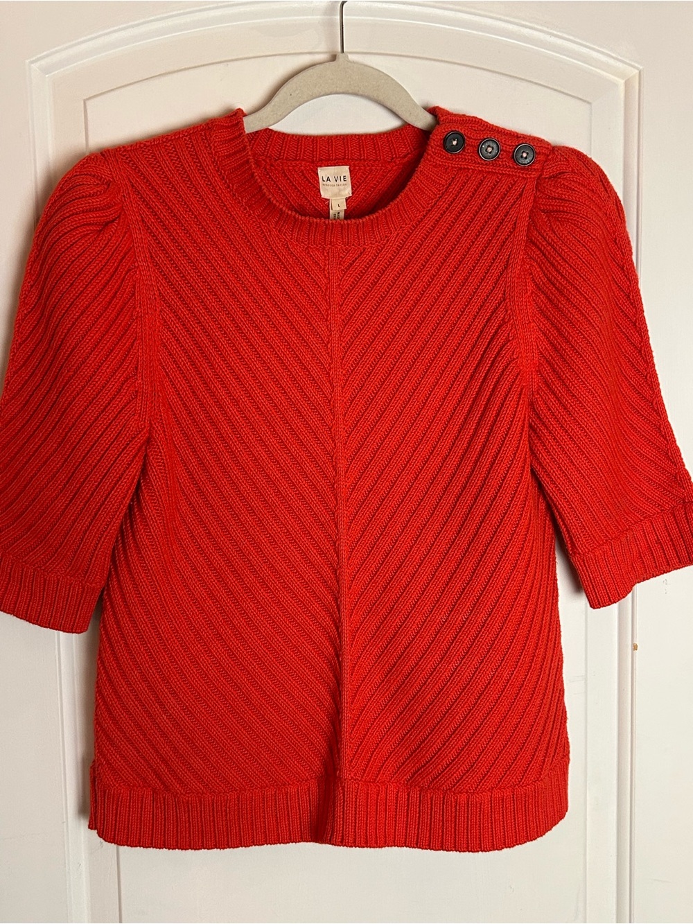 Rebecca Taylor La Vie Vibrant Red Ribbed Button-Shoulder Sweater